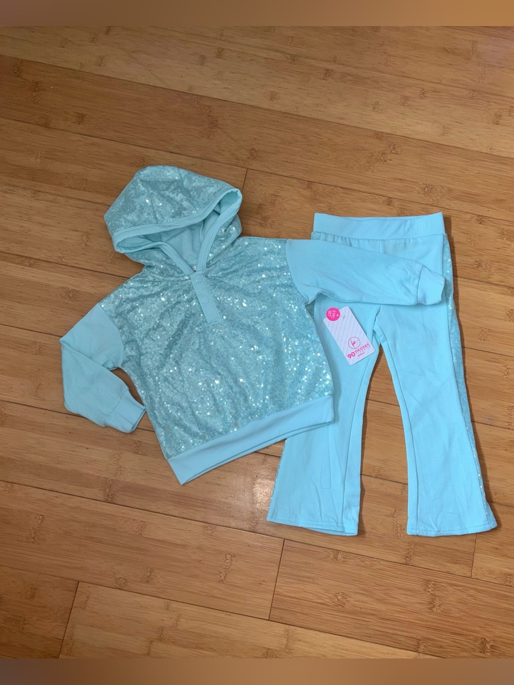 NWT Girl’s Size 3T Aqua Sequin Outfit - Hoodie Top & Flare Pants